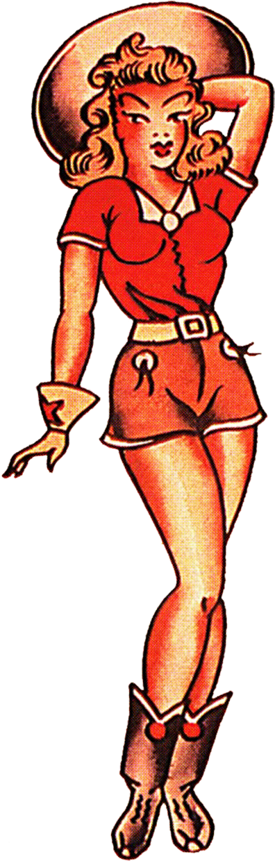 Sailor Jerry Vintage Tattoo Designs, Red Cow Girl, - Sailor Jerry Cowgirl Tattoo (439x1300)