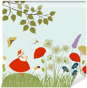 Cute Girl In Garden With Flowers And Butterflies Wall - Woman (400x400)