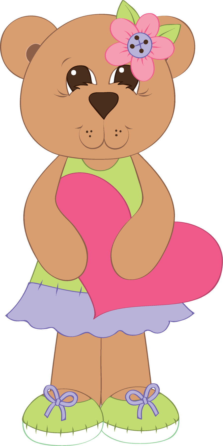 Bear In Green Dress & Shoes Holding A Pink Heart - Teddy Bear (900x1801)