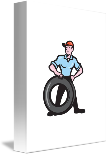 Tireman Mechanic With Tire Cartoon Isolated Card (451x650)