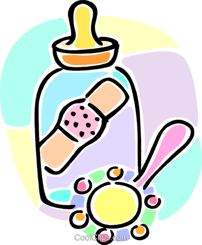 Mamadeira Com Um Band-aid E Um Chocalho Livre De Direitos - Baby Rattle Clip Art (397x480)