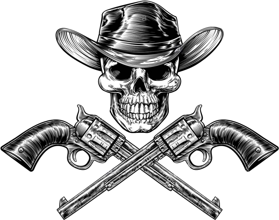 Skull Cowboy In Hat And A Pair Of Crossed Gun Revolver - Crossed Guns (1024x801)