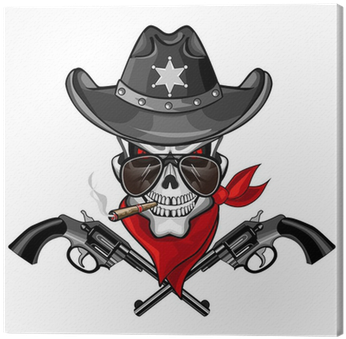 Skull Wearing A Hat With A Pistol Canvas Print • Pixers® - We Don't Dial 911 Wall Decor (400x400)