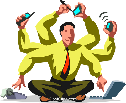 Businessman Multi-tasking Royalty Free Vector Clip - Sitting (480x395)