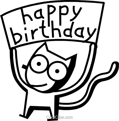 Happy Birthday Cat Royalty Free Vector Clip Art Illustration - Happy Birthday Vector Black And White Png (473x480)