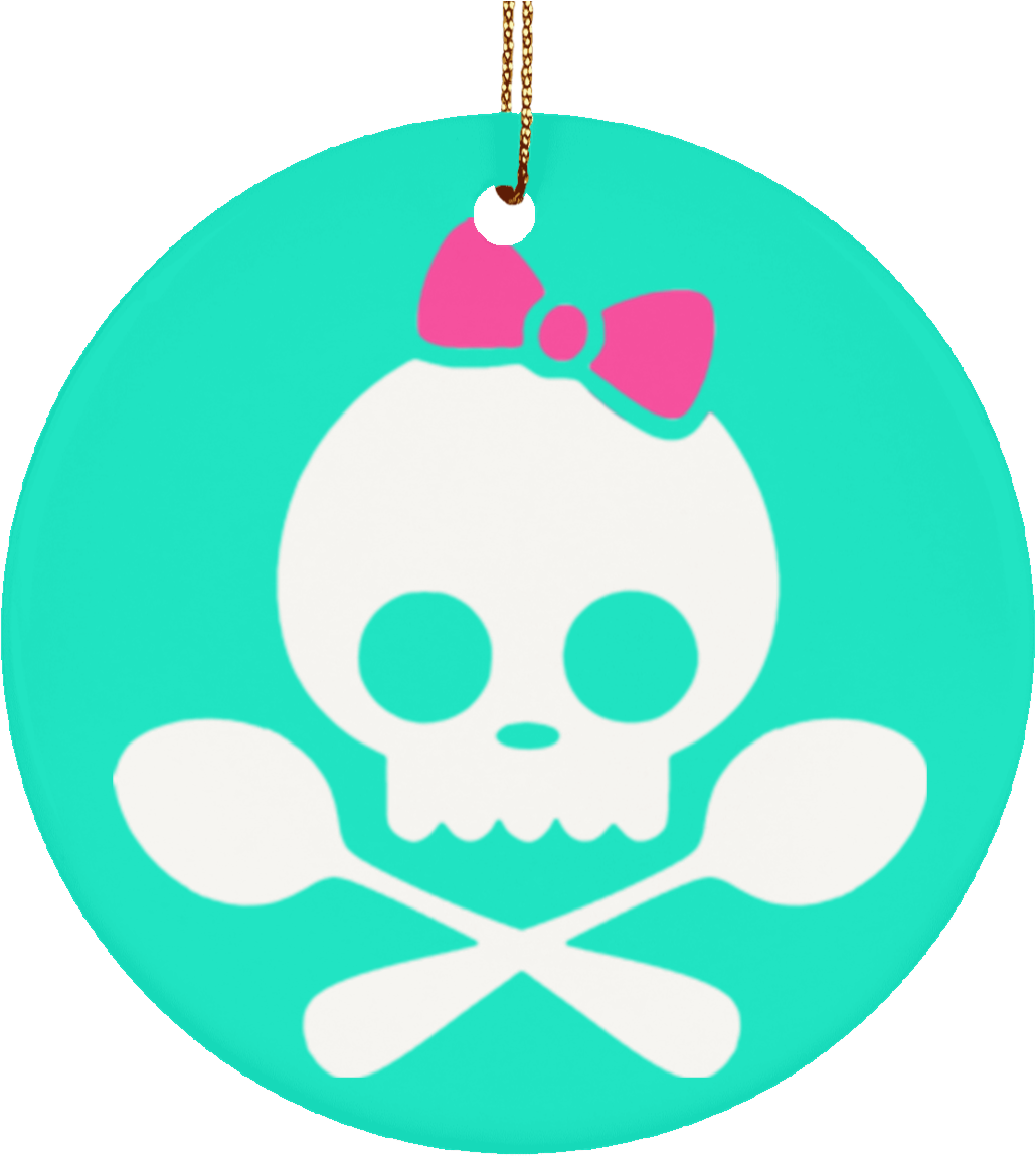 Spoonie Skull Pink Bow Ceramic Circle Ornament - Spoonie Skull Womens Long Sleeve Vneck (1155x1155)