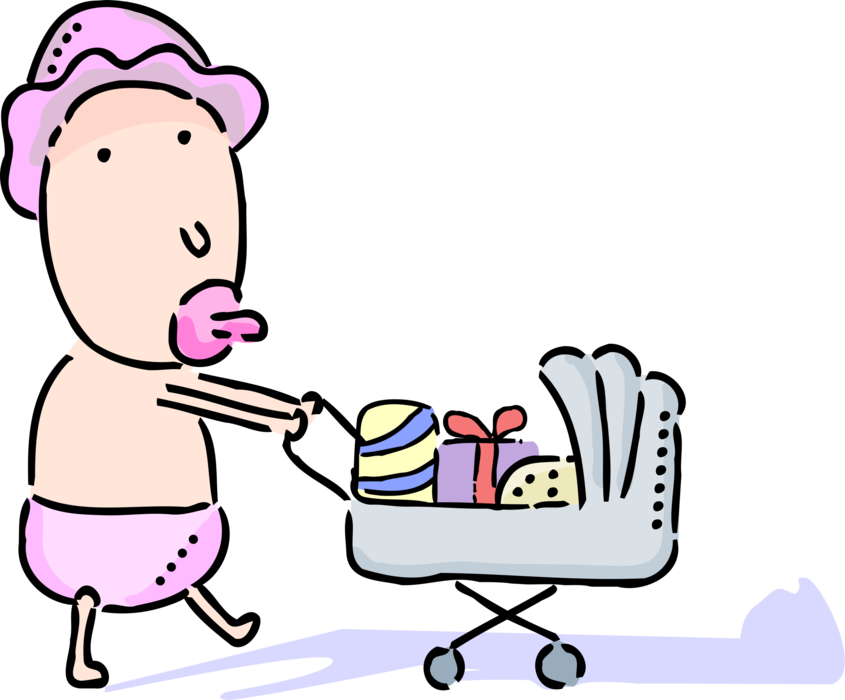 Vector Illustration Of Newborn Infant Baby Pushes Pram - Baby Girl Clip Art (845x700)