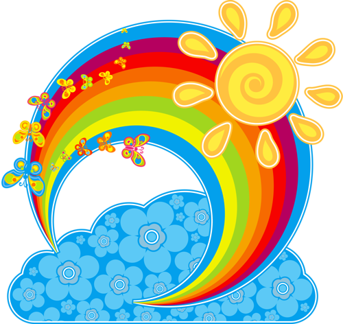 Summer Landscape With Rainbow, Butterflies And Flowers - Imagens De Arco Iris Clipart (500x472)