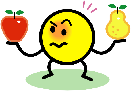 A Cartoon Face Frowning And Holding Up An Apple And - Similarities And Differences Clipart (456x316)