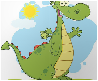 Green Dragon Cartoon Mascot Character Waving Poster - Vector Graphics (400x400)