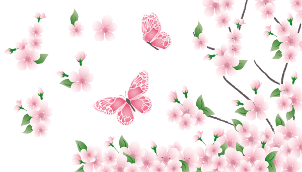 Spring Branch With Pink Flowers And Butterflies Png - Pink Flower Png (600x342)