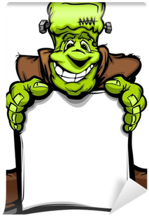 Happy Frankenstein Halloween Monster With Sign Cartoon - Clip Art (400x400)