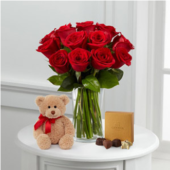 A Dozen Red Roses With Bear And Godiva Chocolates - Flowers For Your Boyfriend (495x330)