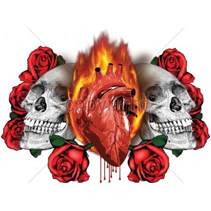 2 Skulls Flaming Heart - T Shirt Red Tones With Tattoo Gothik Motif Model Skull (420x420)