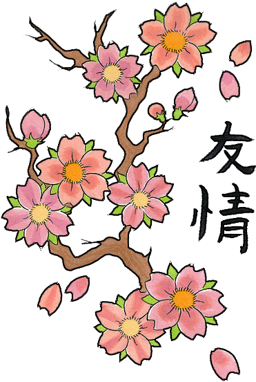 Japanese Symbols And Cherry Blosoom Flowers Tattoo - Cherry Flower Tattoo Design (380x563)