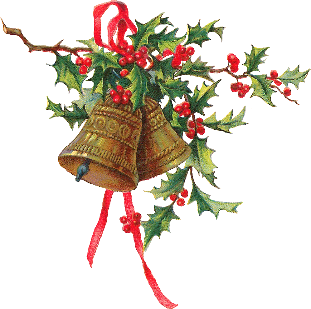 Vintage Christmas Holly Clipart For Kids - Christmas Bells And Holly (1023x1081)