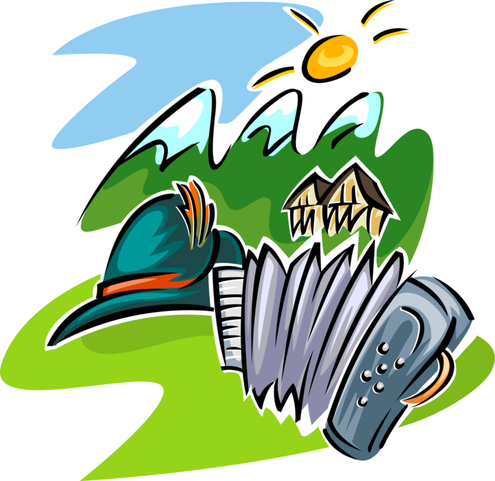 Vector Illustration Of Travel In Swiss Alps With Accordion, - Vector Illustration Of Travel In Swiss Alps With Accordion, (720x700)