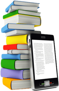 E-book In Front Of Book Pile - Mobile Books (400x400)