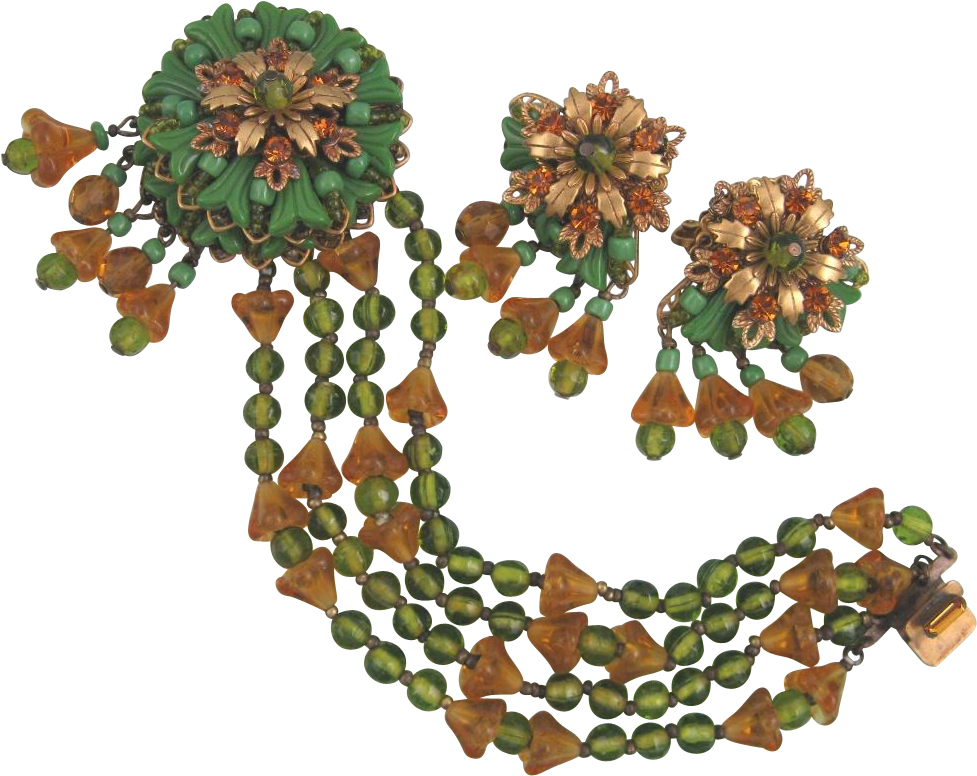 Miriam Haskell Green Amber Tulip Art Glass Bracelet - Illustration (976x976)