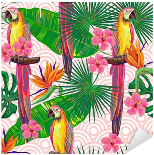 Seamless Jungle Pattern With Parrot Exotic Bird, Palm - Parrot (400x400)