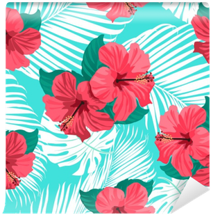 Tropical Flowers And Palm Leaves On Background - Background Hawaiian Flowers (400x400)