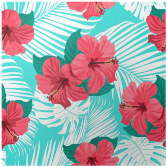 Tropical Flowers And Palm Leaves On Background - Background Hawaiian Flowers (400x400)