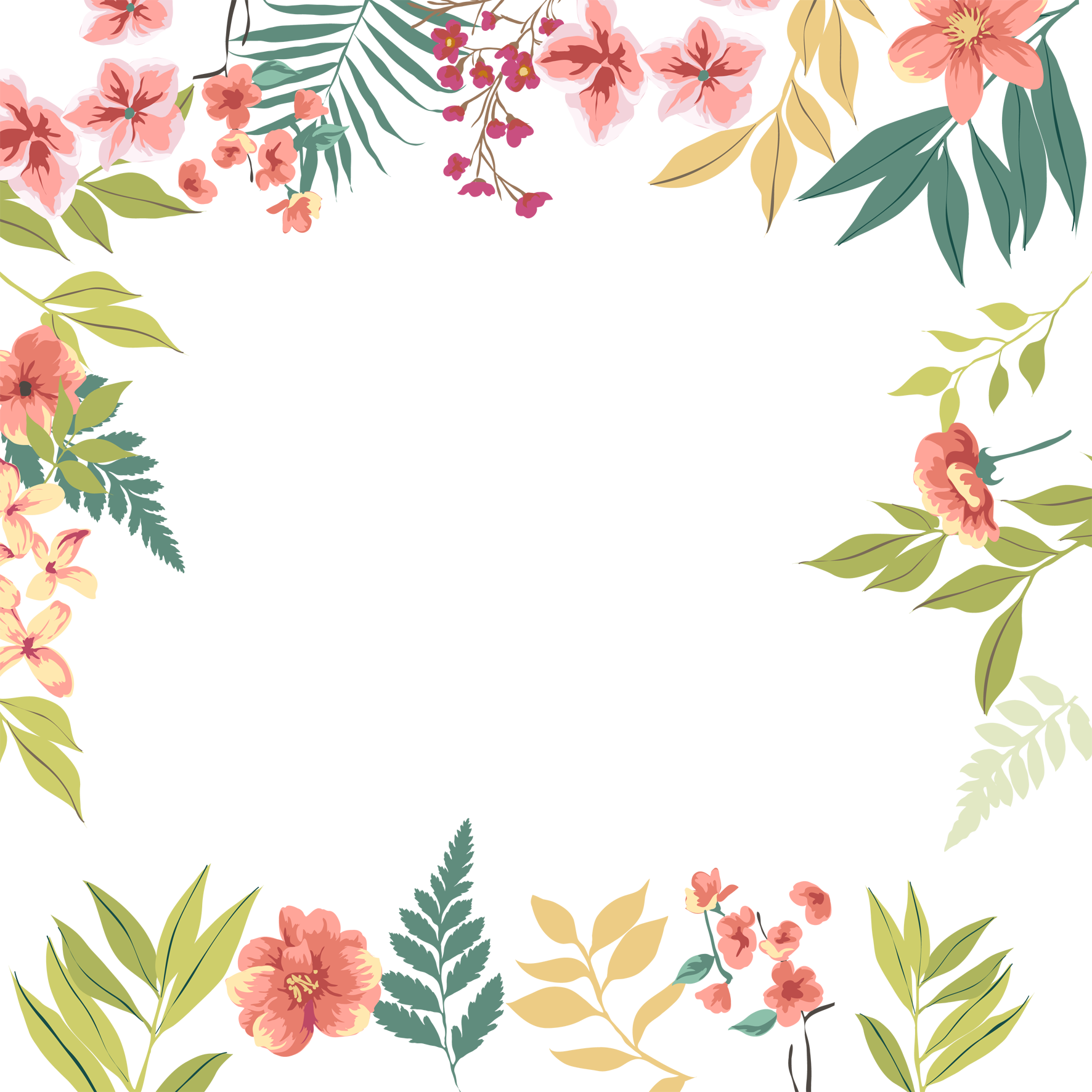 Pink Flowers Leaf - Flower And Leaves Border (1772x1772)