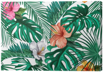 Vector Tropical Leaves Hibiscus Seamless Pattern Canvas - Illustration (400x400)
