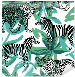 Leopard, Zebra On The Green Palm Leaves Background - Leopard (400x400)