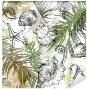 Seamless Pattern With Sea Shells, Molluscs And Palm - Watercolor Painting (400x400)