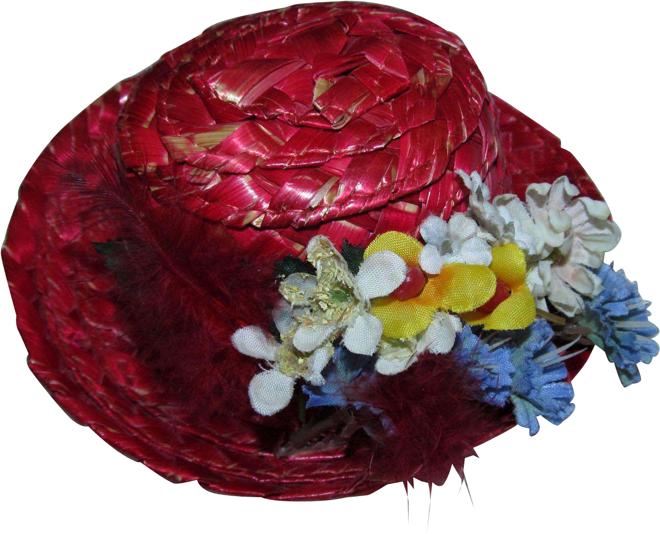 Vintage 1950s Red Straw Doll Hat With Dried Flowers - Artificial Flower (1288x1288)