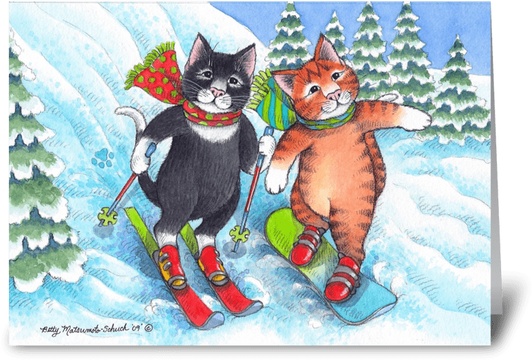 Skiing & Snowboarding Cats Holiday - Cats On Skis & Snowboarding Christmas (bud (848x698)