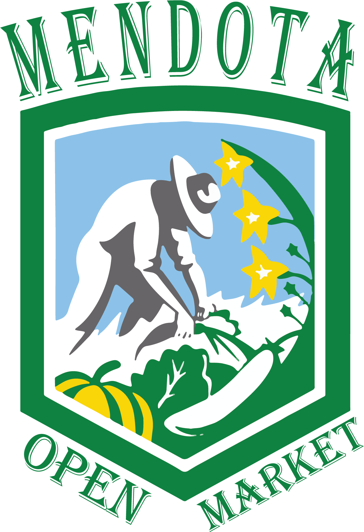 Mendota Farmers Market Logo Final - Organic Farmer Cultivating Vegetables Shield Card (1289x1857)