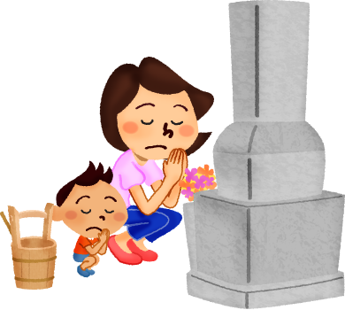 Mother And Son Visiting Grave - Cartoon (390x350)