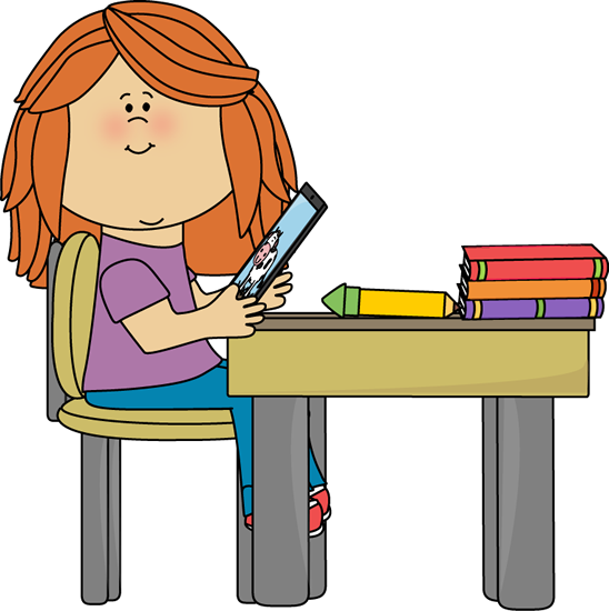 Girl Using Tablet In School Clip Art - Girl In School Clipart (548x550)