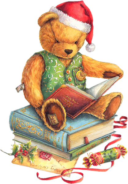 Christmas Teddy Bear With Santa Hat And Books Png Clipart - Christmas Children Reading Clip Art (418x600)