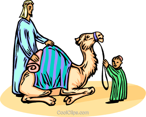 Man With His Child And A Camel Royalty Free Vector - Arabian Camel (480x387)
