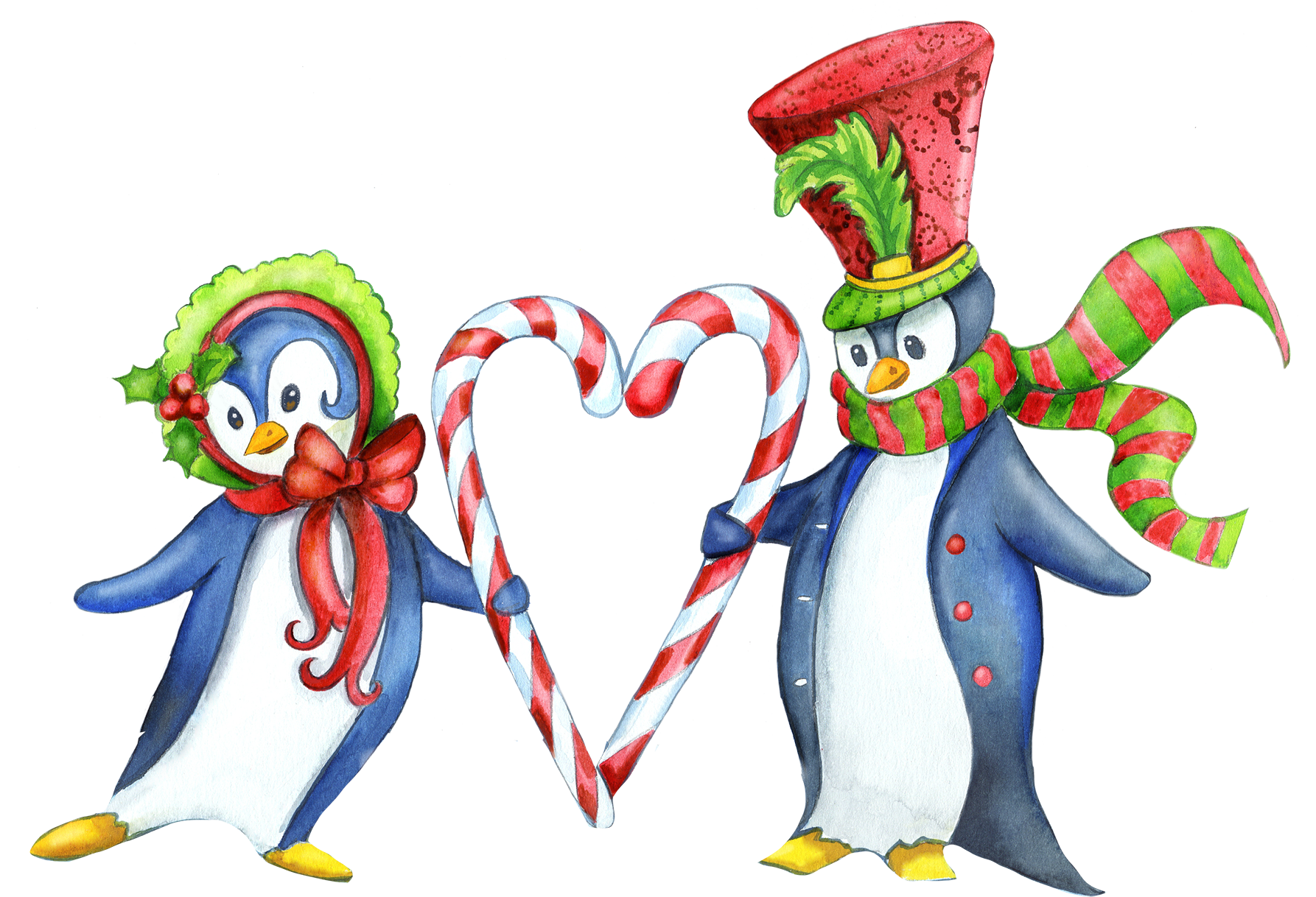 Amb Illustrations [watercolor Christmas] - Pinguin-paare, Herz-zuckerstange-frohe Weihnachten (1800x1241)