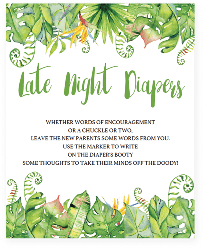 Green Leaf Baby Shower Late Night Diapers Printable - Party Favor (819x1024)