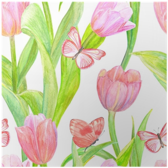 Seamless Texture With Lovely Pink Tulips And Butterflies - Painting (400x400)