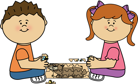 Kids Putting A Puzzle Together Clip Art - Cartoon (450x277)