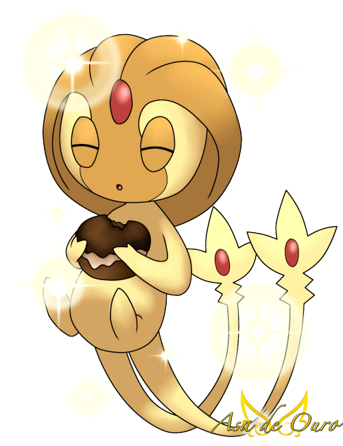 Eugene The Shiny Uxie, Nibbling On A Mocha Poke Puff - Cartoon (500x651)