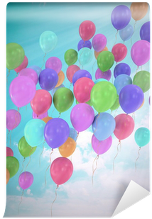 Flying Balloons In Blue Sky With Clouds Wall Mural - Blue (400x400)