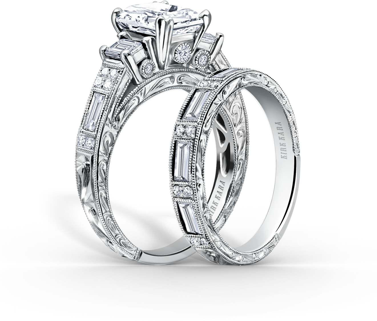 Hand Engraved Diamond Engagement Rings By Kirk Kara - 4.00 Cttw Emerald Cut Sapphire Ring And Band Set - (1320x1320)