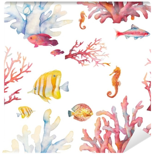 Papier Peint Modèle Sans Couture Aquarelle De Corail - Dessin Poisson Aquarelle (400x400)