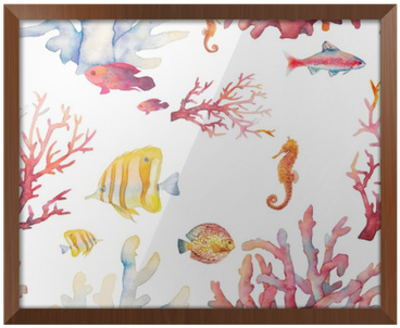 Poster En Cadre Modèle Sans Couture Aquarelle De Corail - Dessin Poisson Aquarelle (400x400)