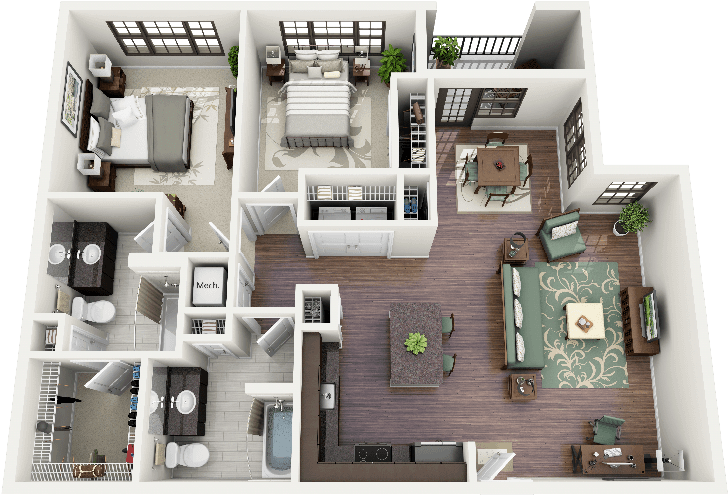 387544 - 3d Apartment Floor Plans 3 Bedroom (728x495)