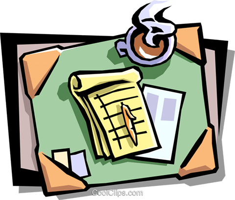 Desktop With Coffee Cup And Notepad Royalty Free Vector - Clip Art (480x410)