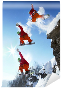 Fotobehang De Hele Sprong Van Snowboarder Van De Rots - Snow (400x400)