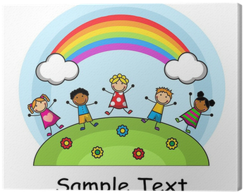 Cartoon Kids Jumping On The Background Of Sky And Rainbow - Rainbow (400x400)